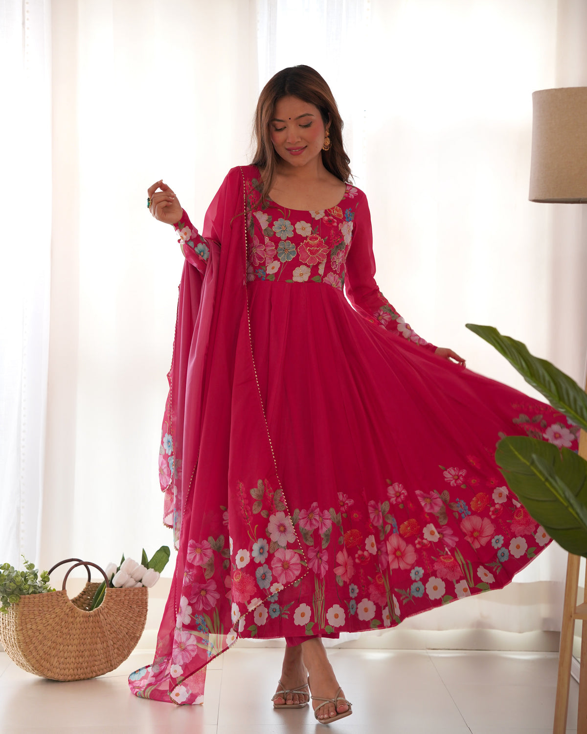 Floral Organza Silk Printed Anarkali with Badla Jari Handwork & Gota Patti Dupatta