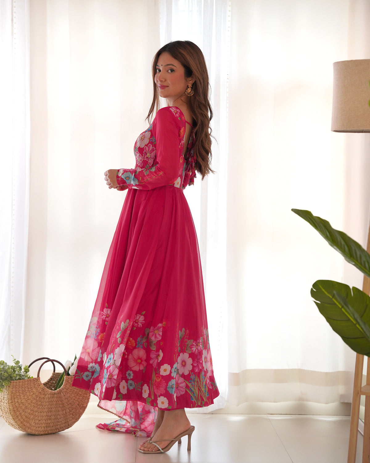 Floral Organza Silk Printed Anarkali with Badla Jari Handwork & Gota Patti Dupatta