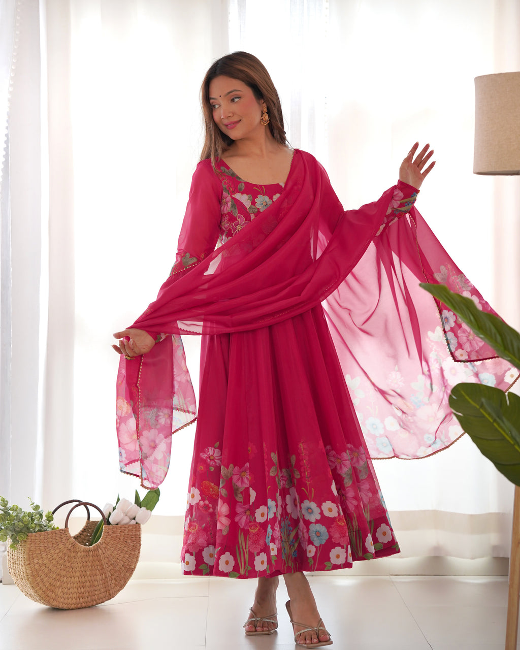 Floral Organza Silk Printed Anarkali with Badla Jari Handwork & Gota Patti Dupatta