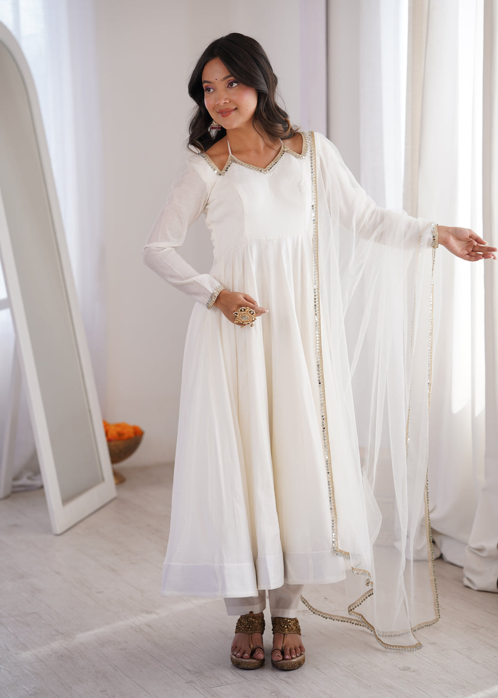 RomanSilk Chanderi Flared Anarkali Gown with Mirror Lace Dupatta & Pant Set