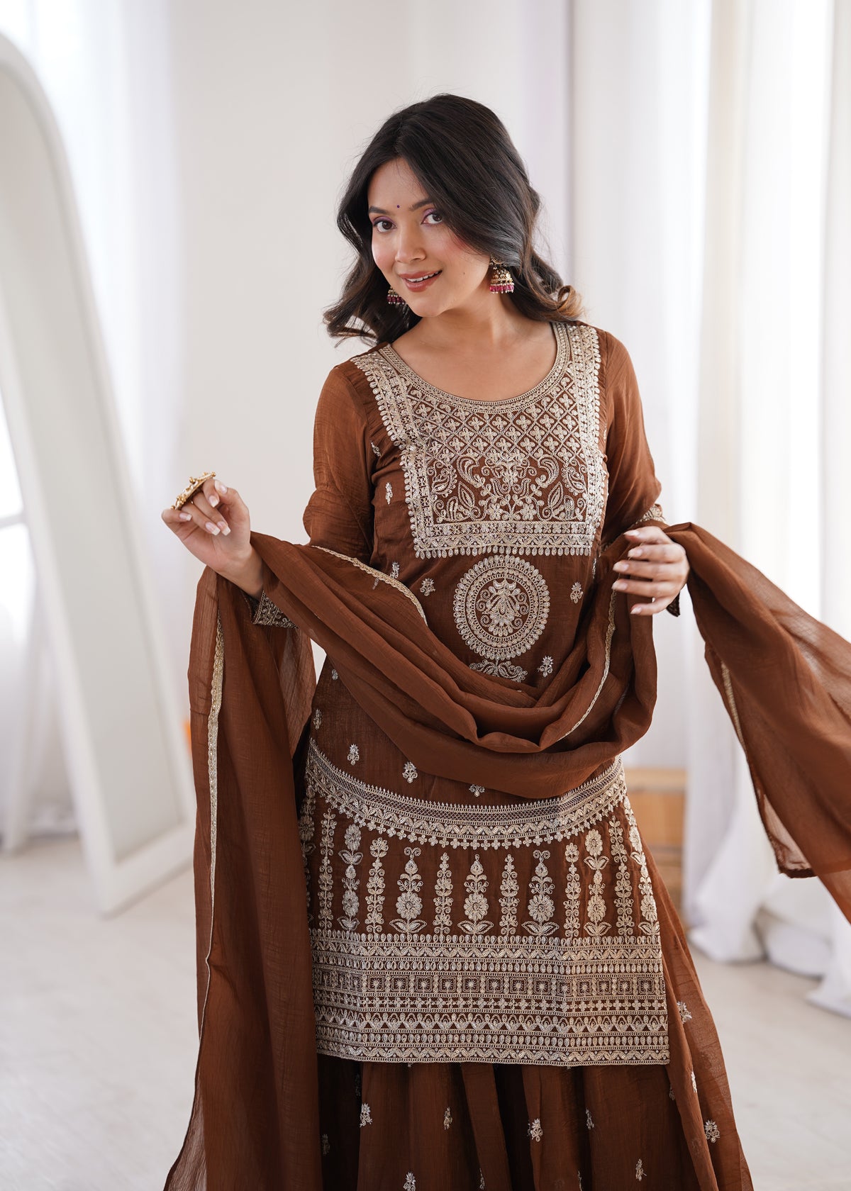 Crunchy Silk Embroidered Sharara Suit with Dori, Jari Work & Fancy Lace Dupatta
