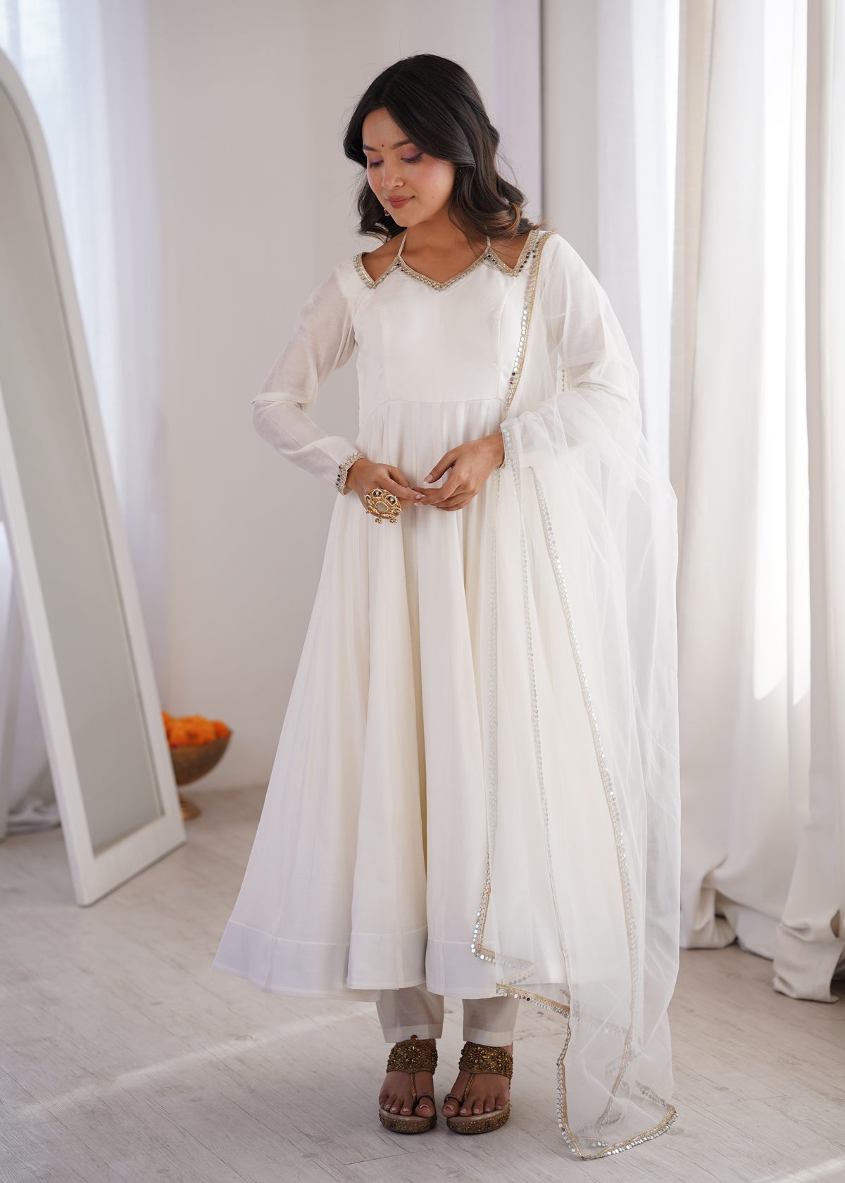 RomanSilk Chanderi Flared Anarkali Gown with Mirror Lace Dupatta & Pant Set