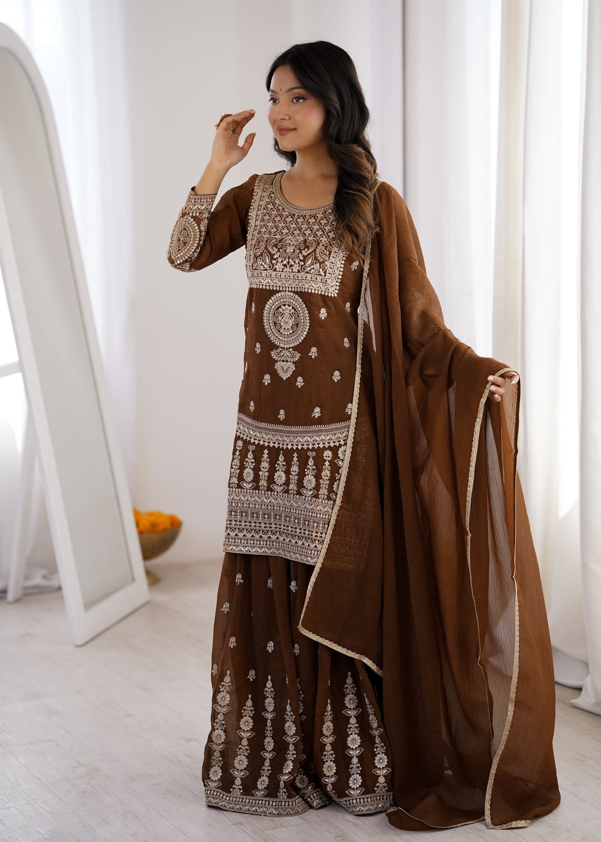 Crunchy Silk Embroidered Sharara Suit with Dori, Jari Work & Fancy Lace Dupatta