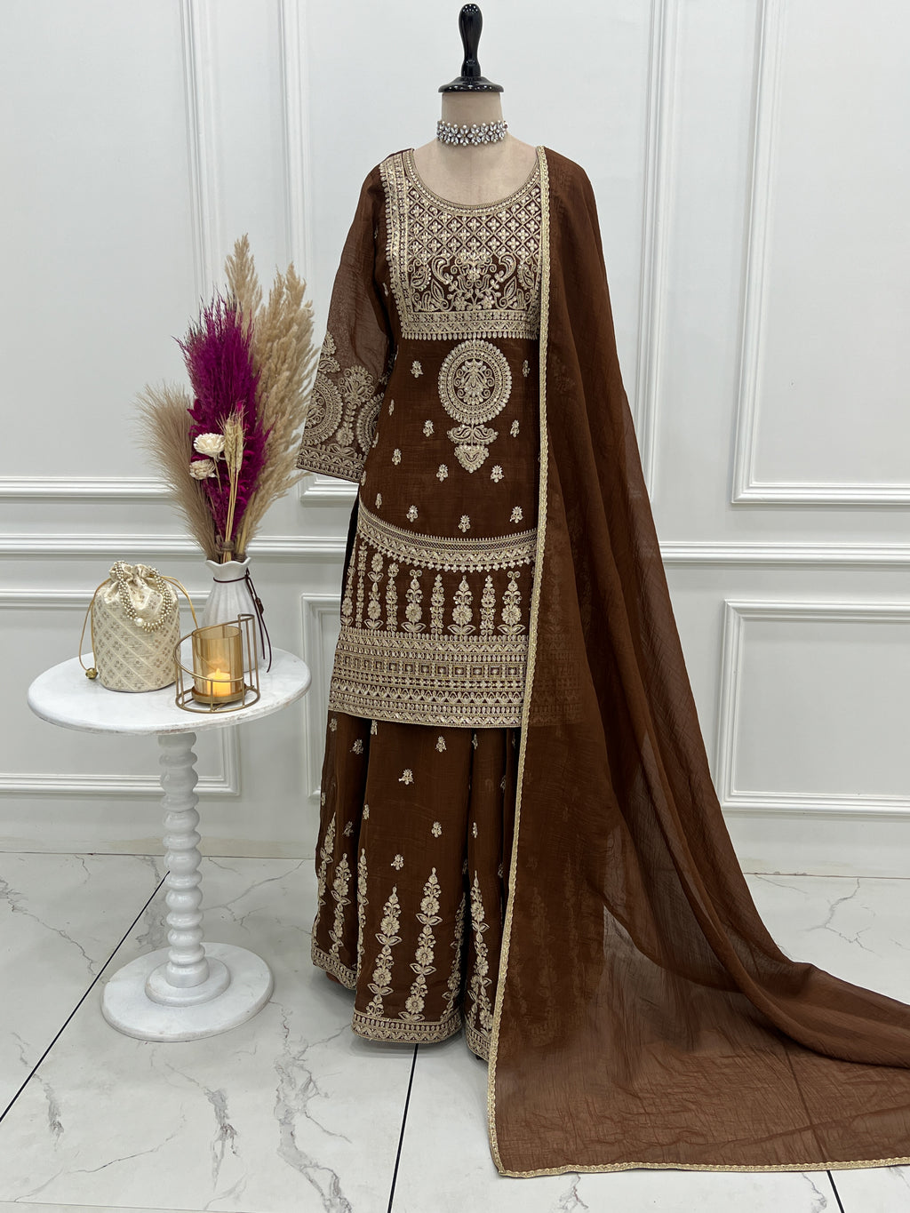 Crunchy Silk Embroidered Sharara Suit with Dori, Jari Work & Fancy Lace Dupatta