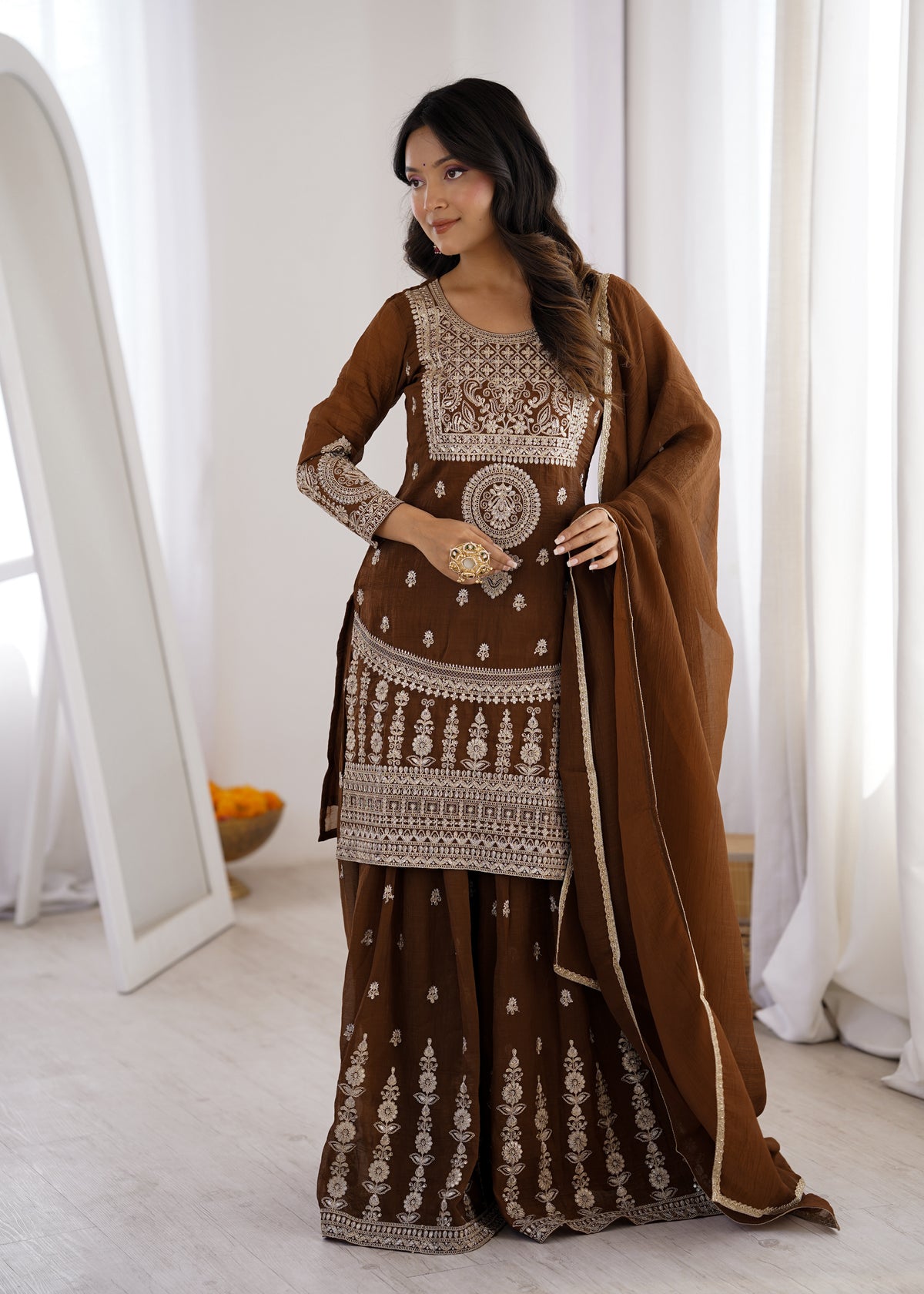 Crunchy Silk Embroidered Sharara Suit with Dori, Jari Work & Fancy Lace Dupatta