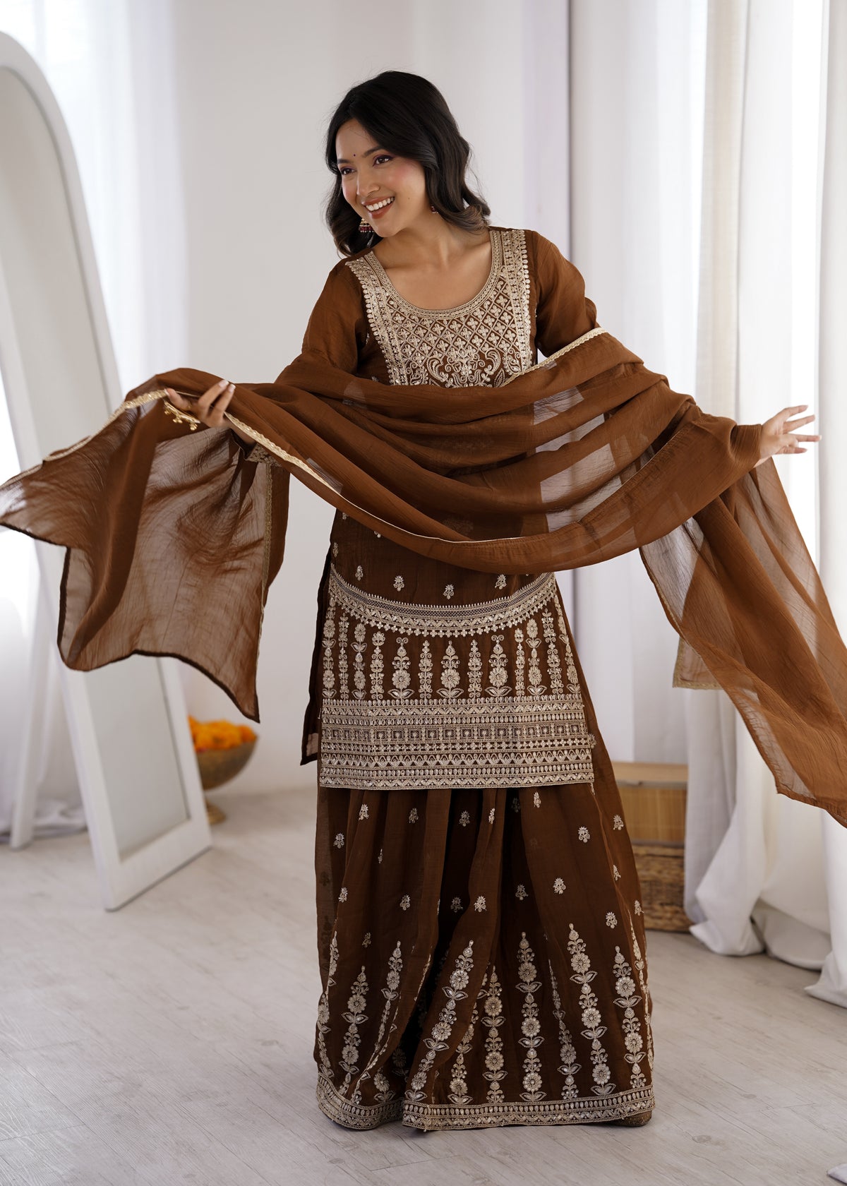 Crunchy Silk Embroidered Sharara Suit with Dori, Jari Work & Fancy Lace Dupatta