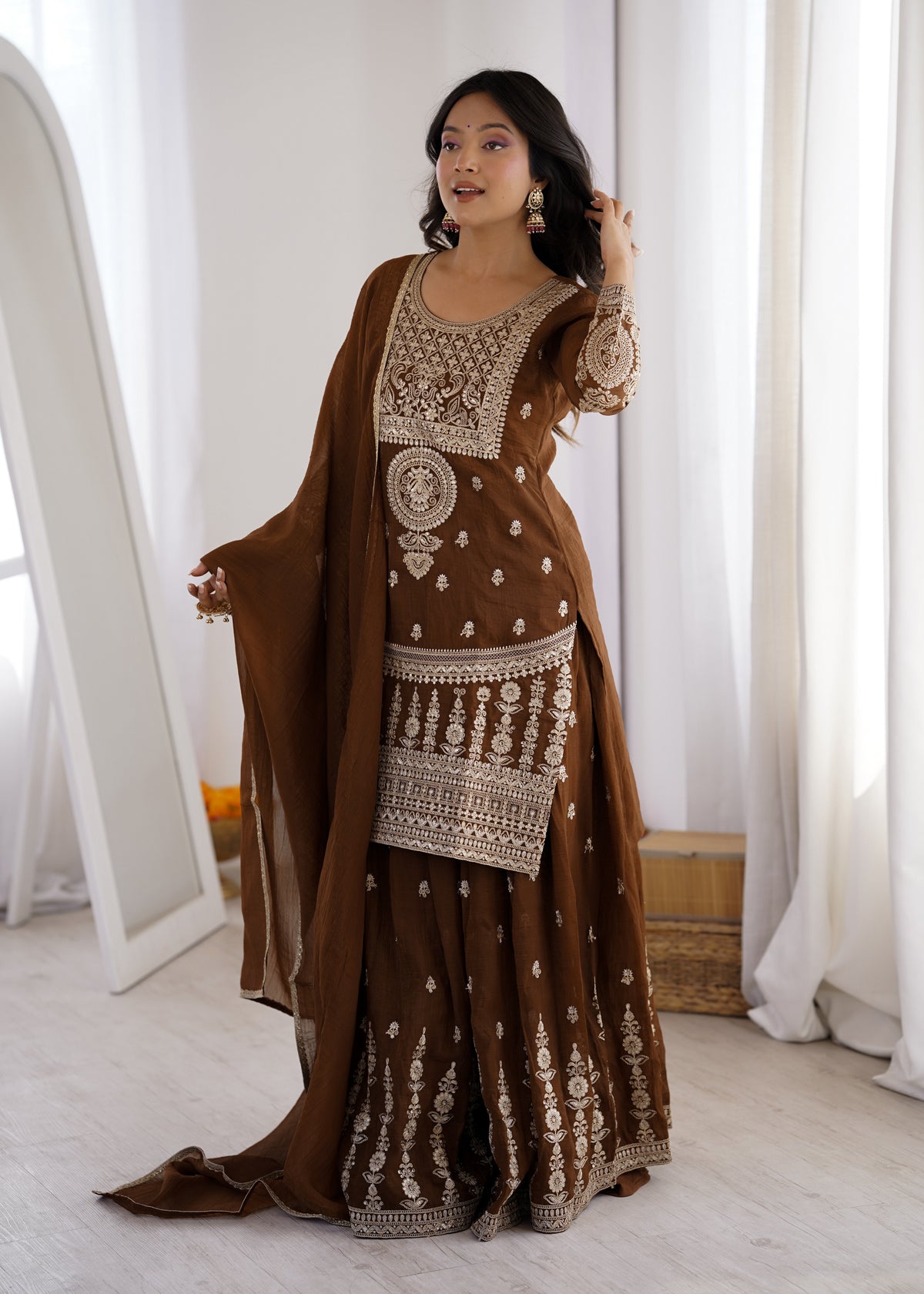 Crunchy Silk Embroidered Sharara Suit with Dori, Jari Work & Fancy Lace Dupatta