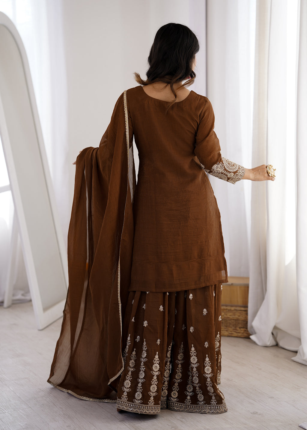 Crunchy Silk Embroidered Sharara Suit with Dori, Jari Work & Fancy Lace Dupatta