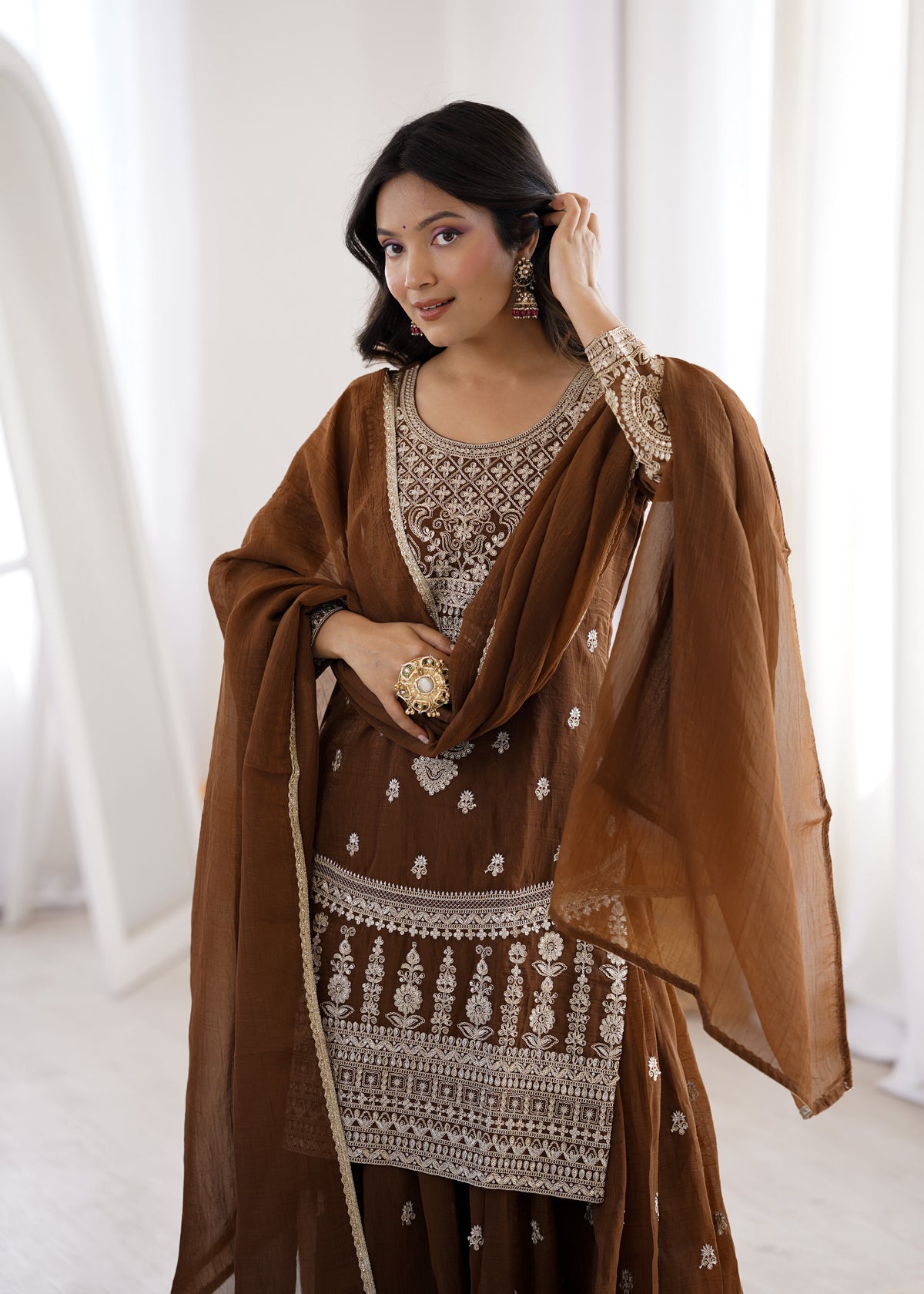 Crunchy Silk Embroidered Sharara Suit with Dori, Jari Work & Fancy Lace Dupatta