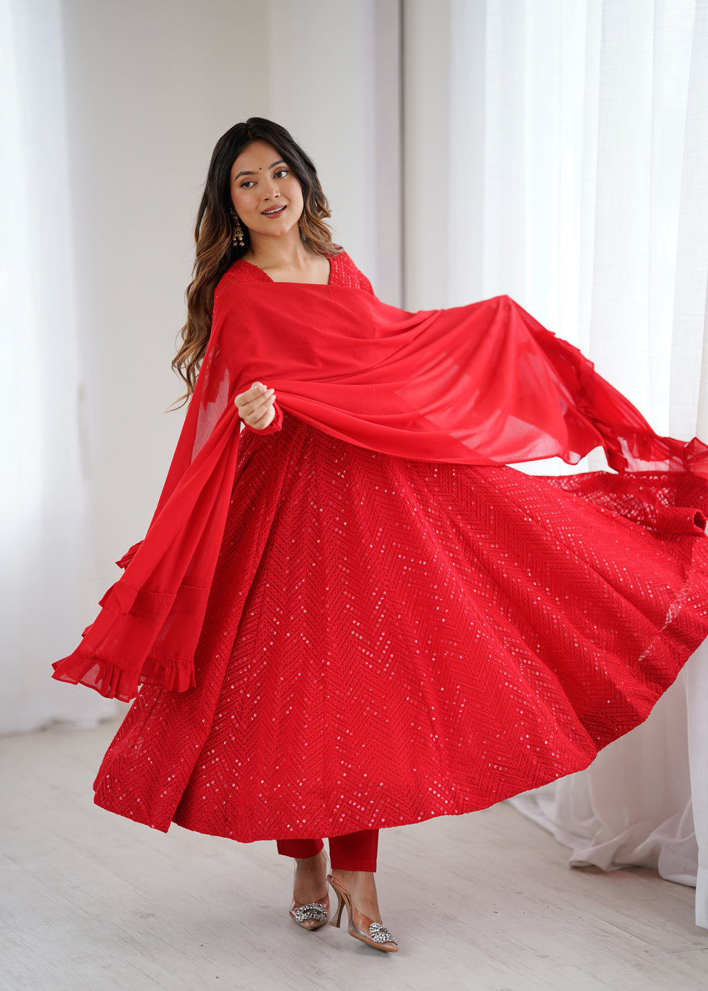 Lucknowi Faux Georgette Anarkali Suit with 4M Kali Flair, Sequin Work & Ruffle Dupatta
