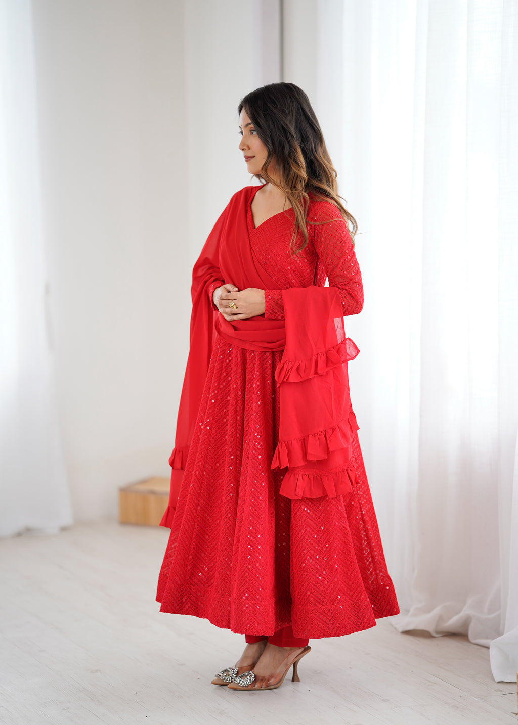 Lucknowi Faux Georgette Anarkali Suit with 4M Kali Flair, Sequin Work & Ruffle Dupatta