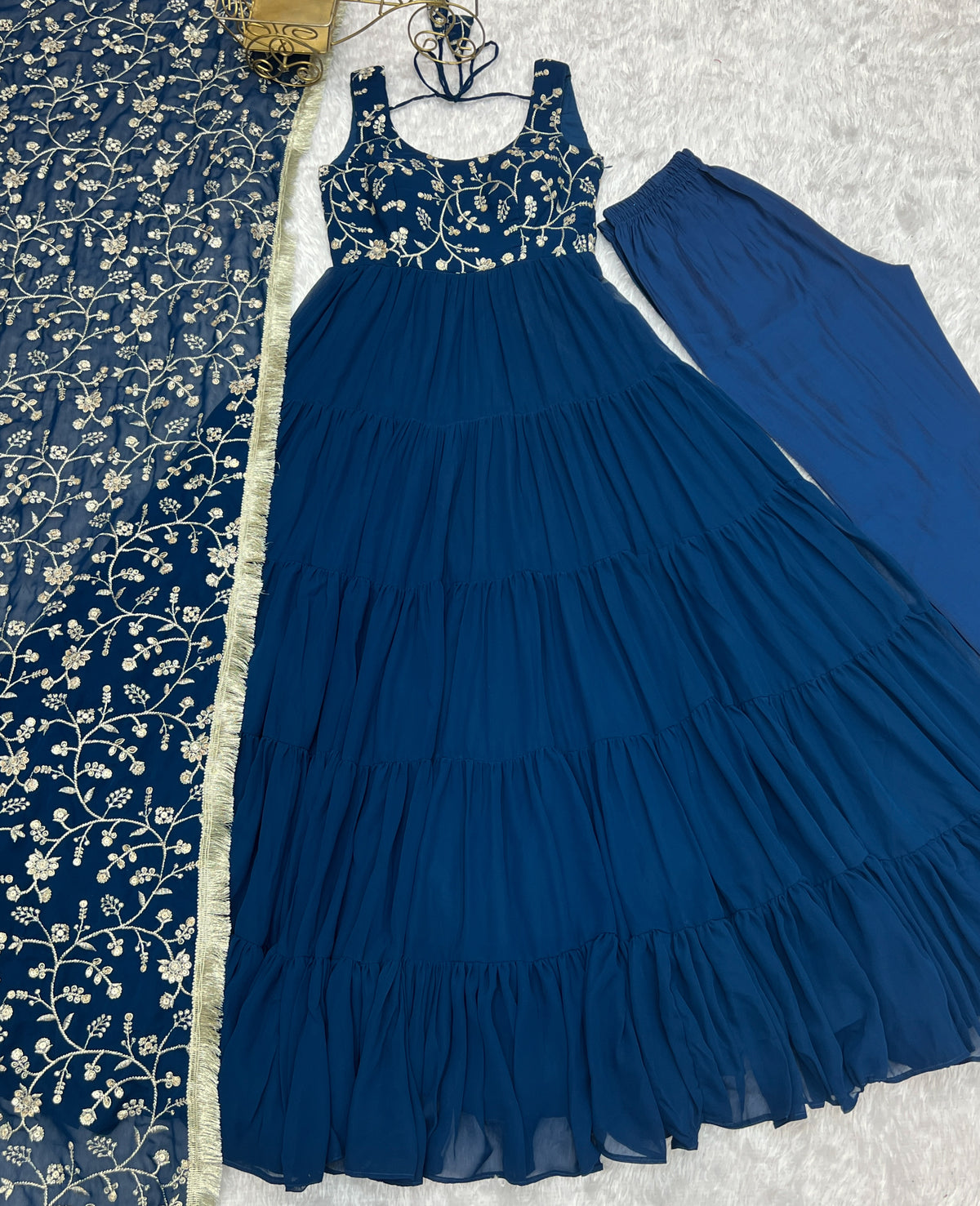 12M Flair Faux Georgette Anarkali Set with Embroidered Dupatta & Stitched Palazzo