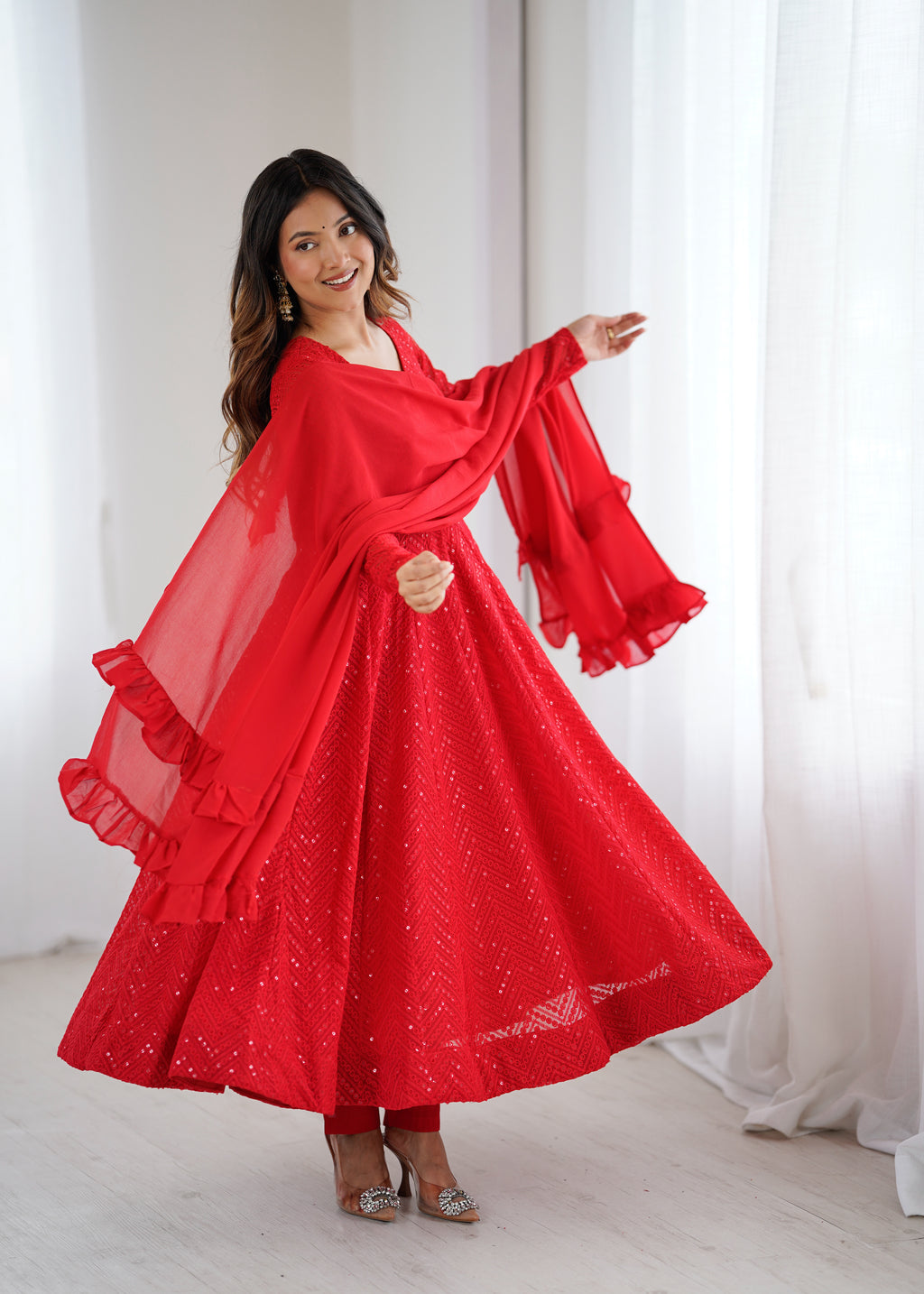 Lucknowi Faux Georgette Anarkali Suit with 4M Kali Flair, Sequin Work & Ruffle Dupatta