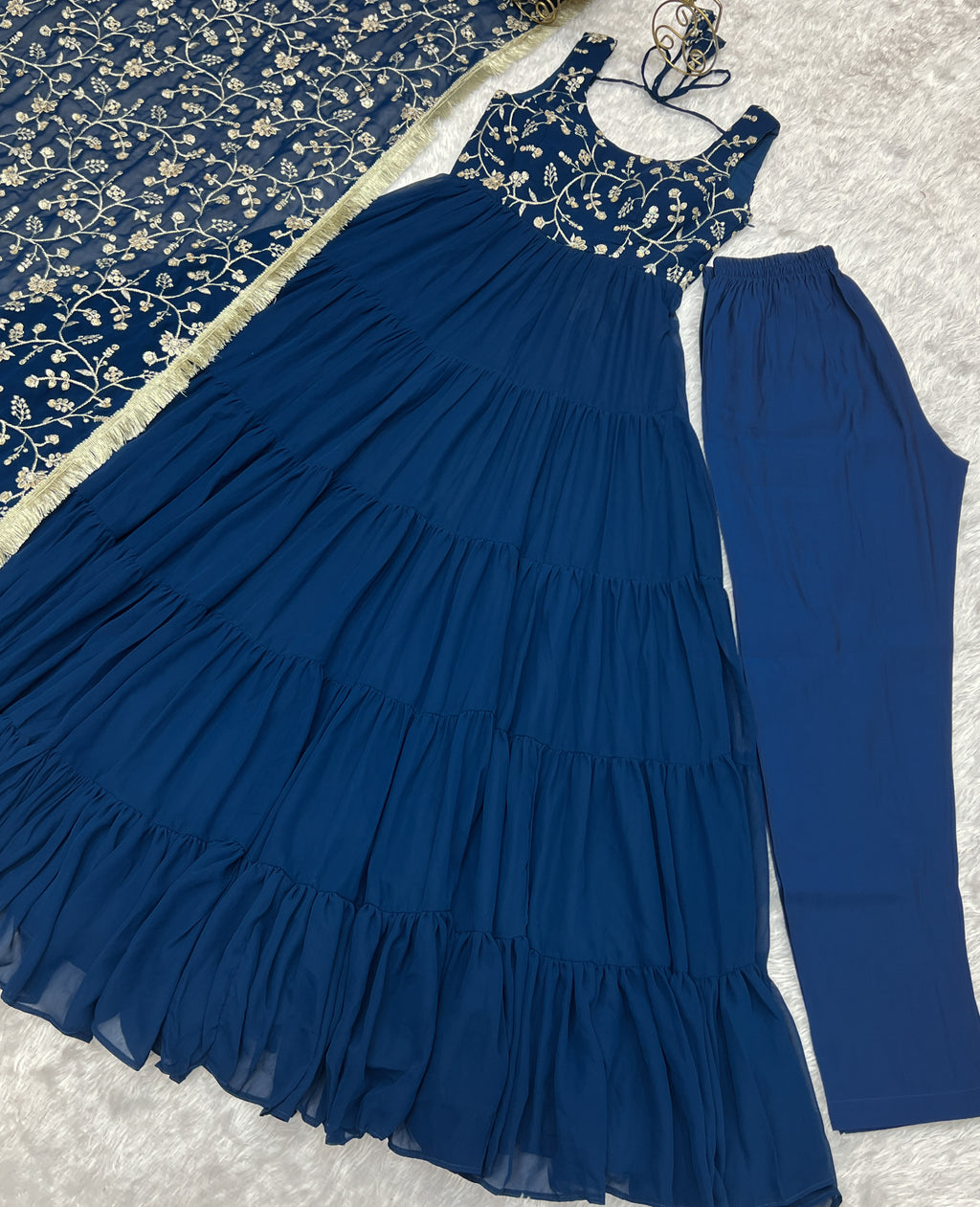 12M Flair Faux Georgette Anarkali Set with Embroidered Dupatta & Stitched Palazzo