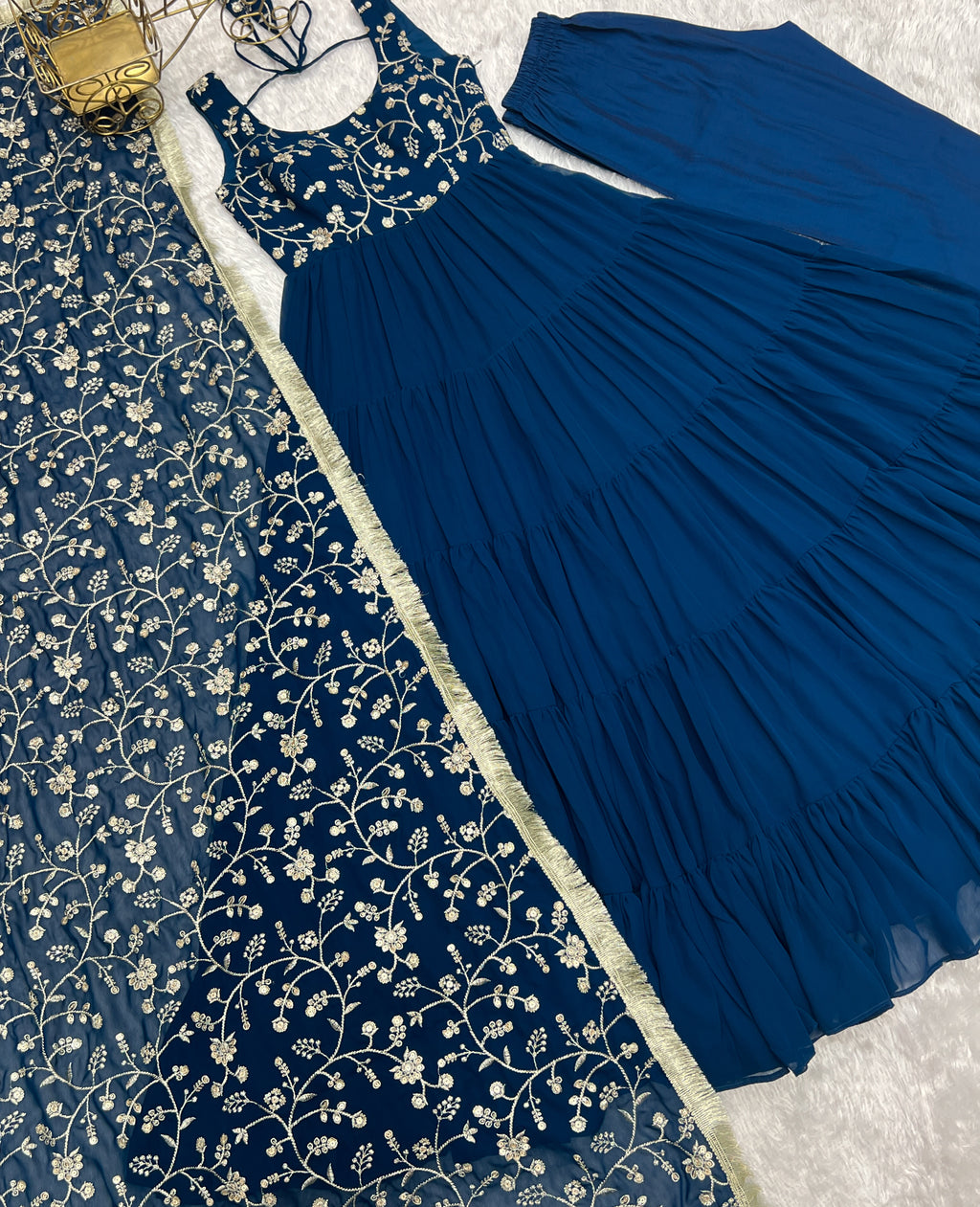 12M Flair Faux Georgette Anarkali Set with Embroidered Dupatta & Stitched Palazzo
