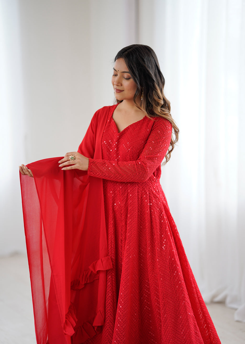 Lucknowi Faux Georgette Anarkali Suit with 4M Kali Flair, Sequin Work & Ruffle Dupatta