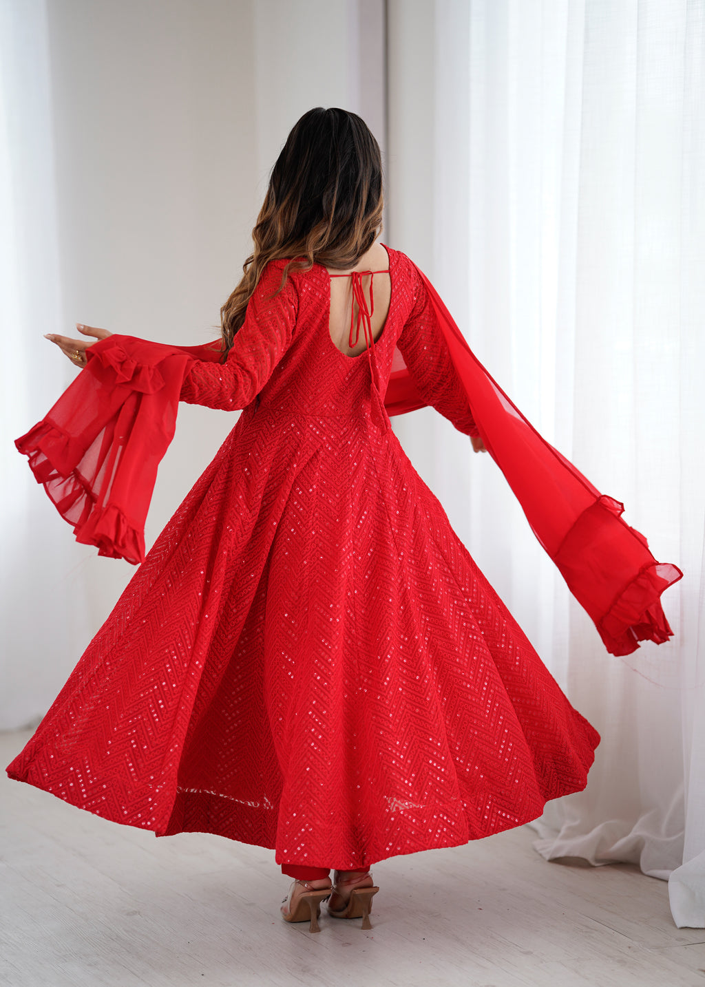 Lucknowi Faux Georgette Anarkali Suit with 4M Kali Flair, Sequin Work & Ruffle Dupatta