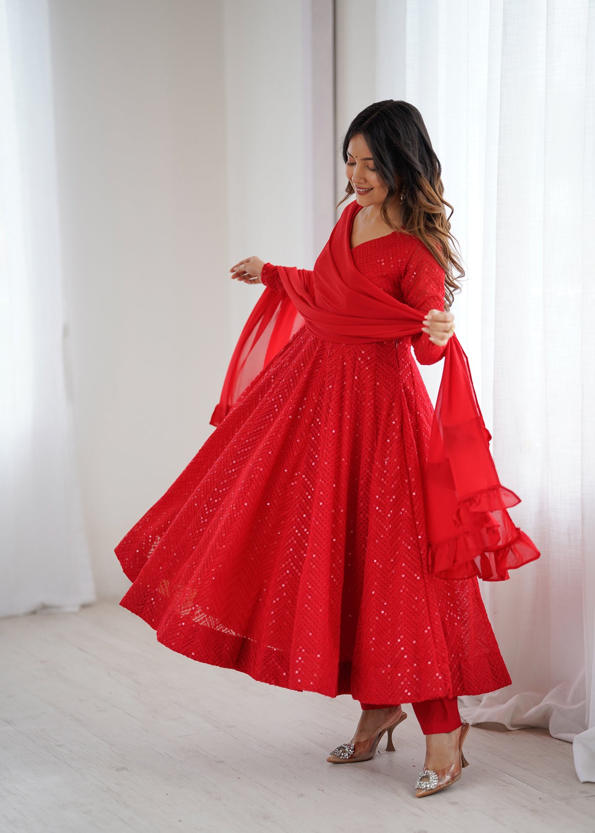 Lucknowi Faux Georgette Anarkali Suit with 4M Kali Flair, Sequin Work & Ruffle Dupatta