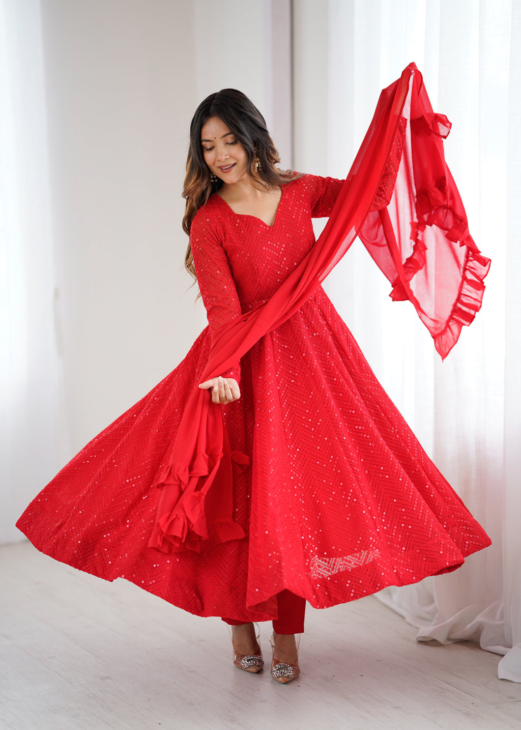 Lucknowi Faux Georgette Anarkali Suit with 4M Kali Flair, Sequin Work & Ruffle Dupatta
