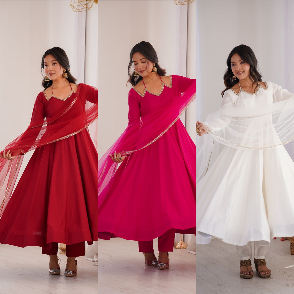 RomanSilk Chanderi Flared Anarkali Gown with Mirror Lace Dupatta & Pant Set
