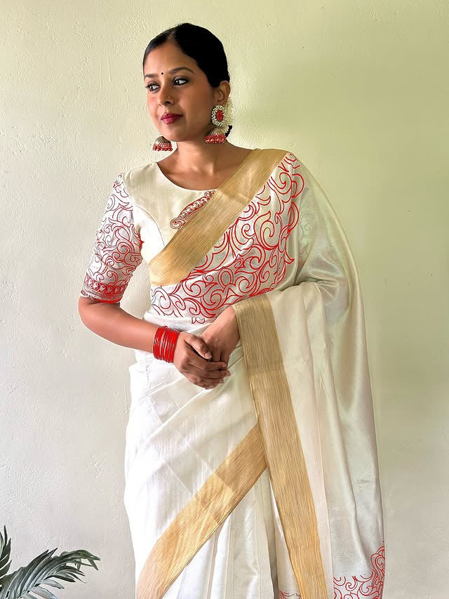 Royal Bloom Digital Print Linen Cotton Saree with Matching Blouse