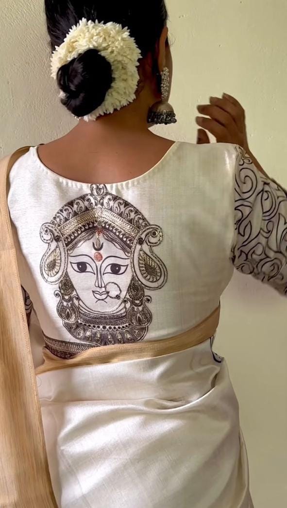 Royal Bloom Digital Print Linen Cotton Saree with Matching Blouse