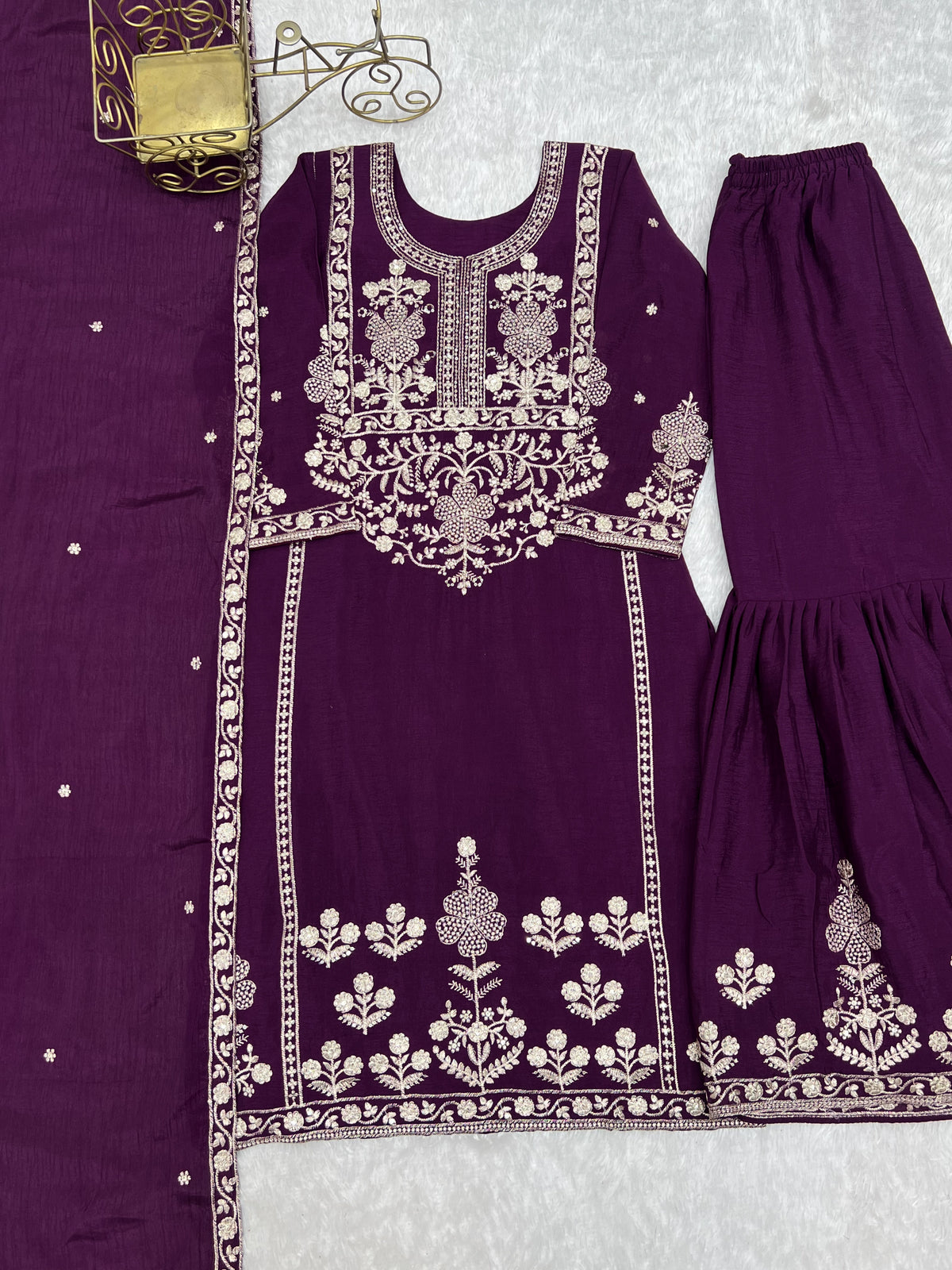 Chinnon Silk Embroidered Kediya Kurta Sharara Set with Dupatta