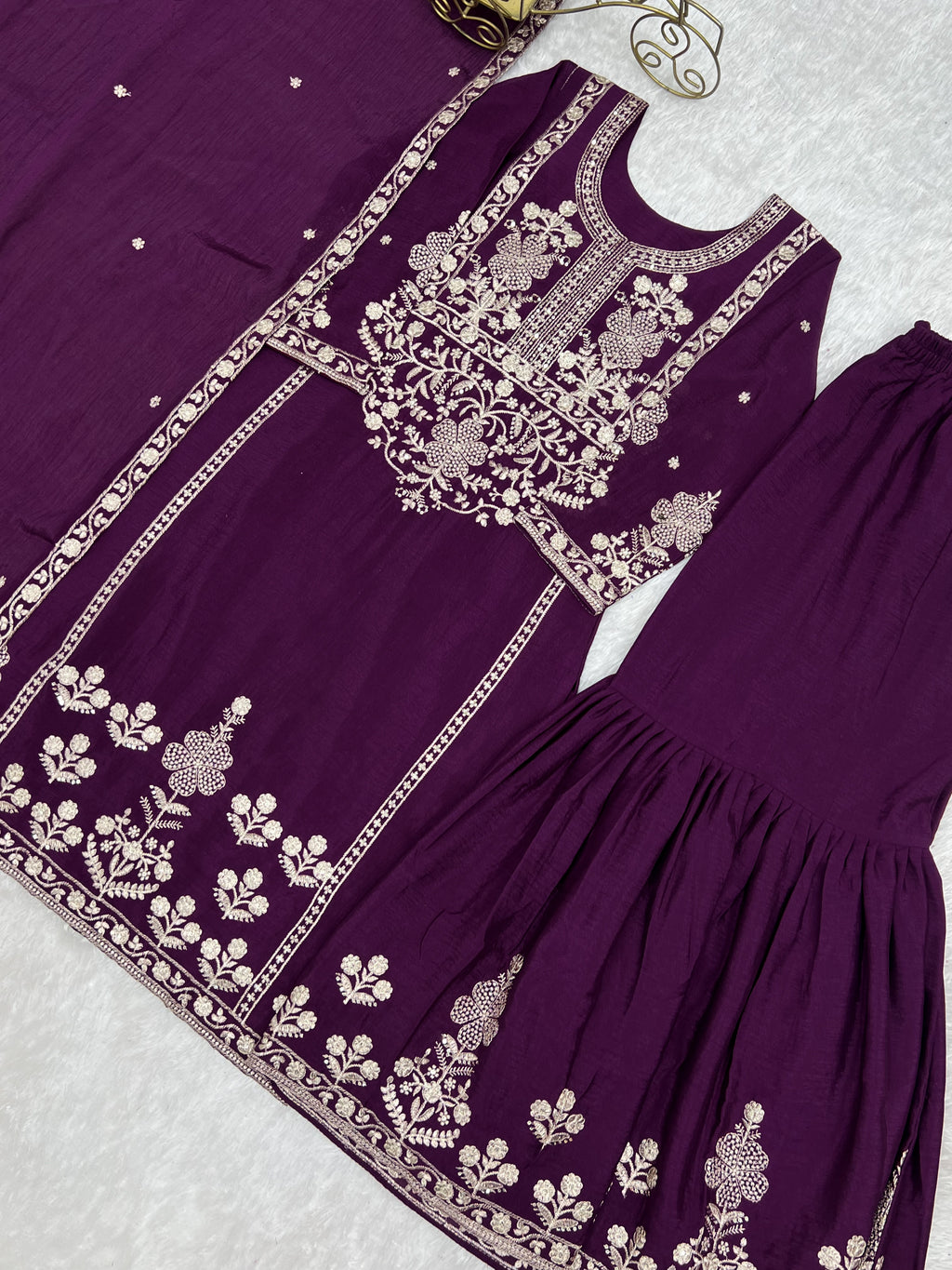 Chinnon Silk Embroidered Kediya Kurta Sharara Set with Dupatta