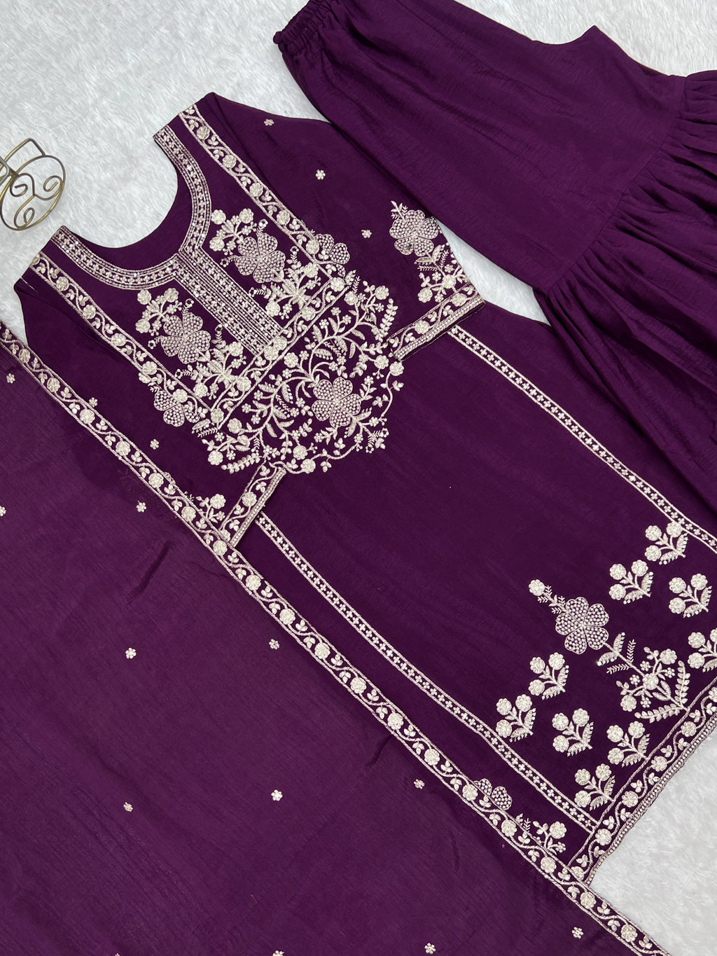 Chinnon Silk Embroidered Kediya Kurta Sharara Set with Dupatta
