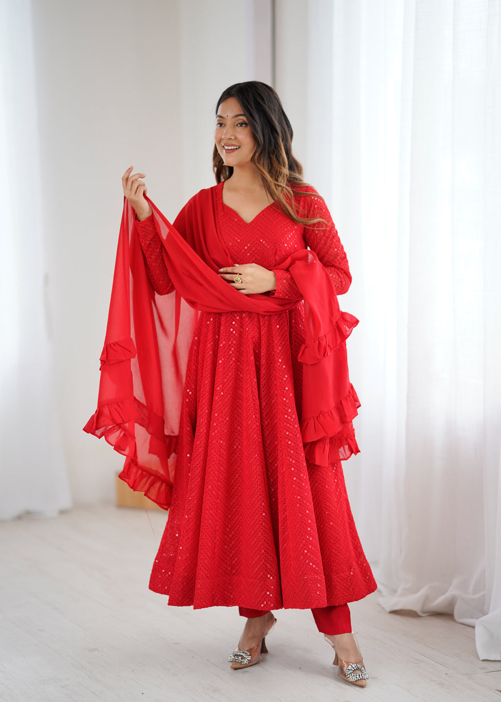 Lucknowi Faux Georgette Anarkali Suit with 4M Kali Flair, Sequin Work & Ruffle Dupatta