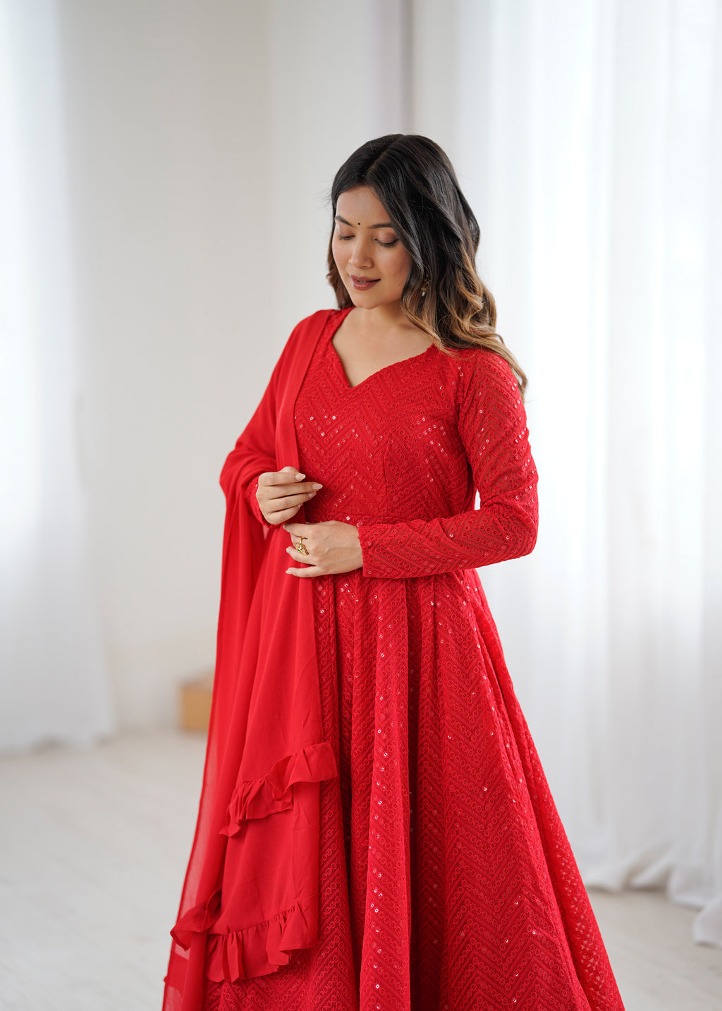 Lucknowi Faux Georgette Anarkali Suit with 4M Kali Flair, Sequin Work & Ruffle Dupatta