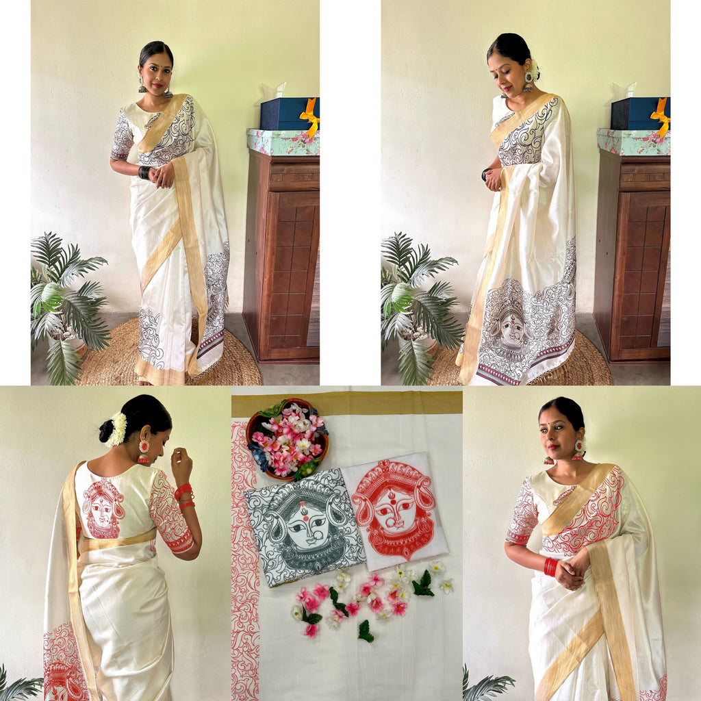 Royal Bloom Digital Print Linen Cotton Saree with Matching Blouse