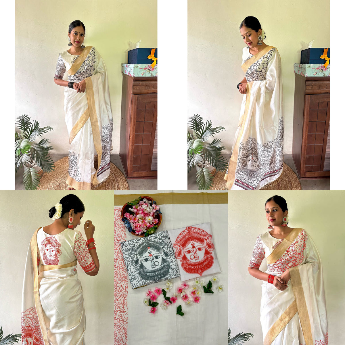 Royal Bloom Digital Print Linen Cotton Saree with Matching Blouse