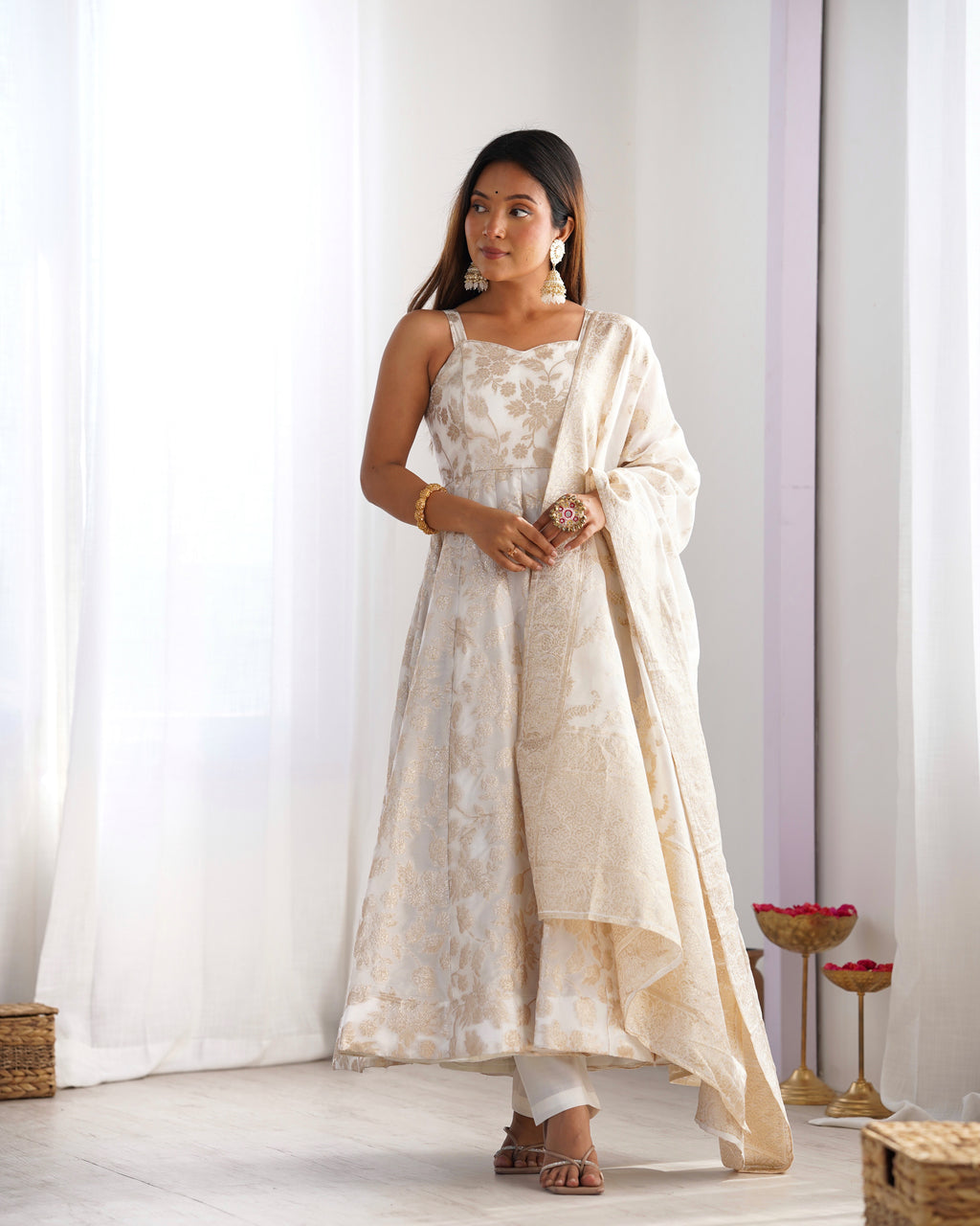 Banarasi Jacquard Dola Silk Flared Anarkali Gown with Dupatta & Pant Set