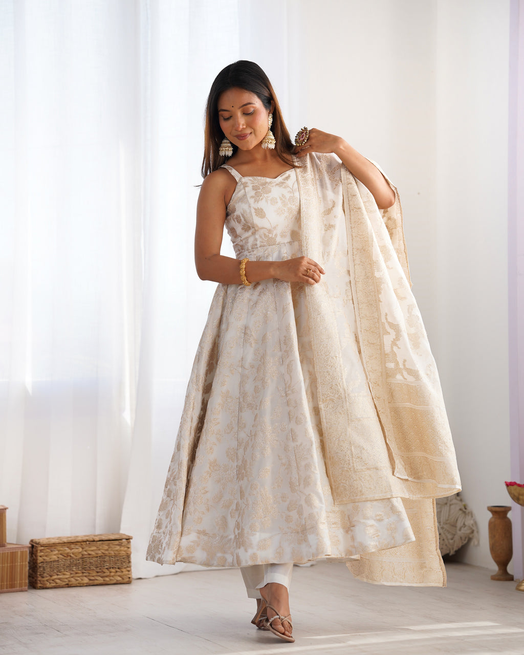 Banarasi Jacquard Dola Silk Flared Anarkali Gown with Dupatta & Pant Set