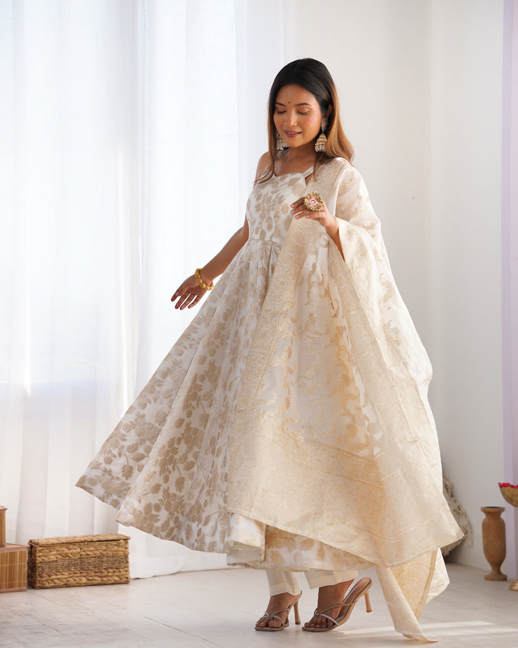Banarasi Jacquard Dola Silk Flared Anarkali Gown with Dupatta & Pant Set
