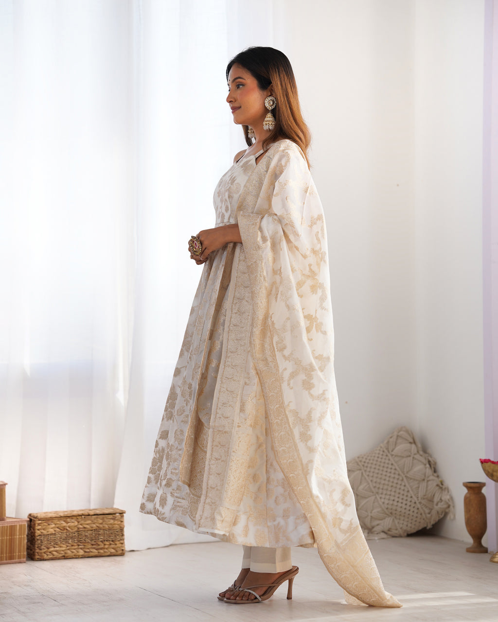 Banarasi Jacquard Dola Silk Flared Anarkali Gown with Dupatta & Pant Set