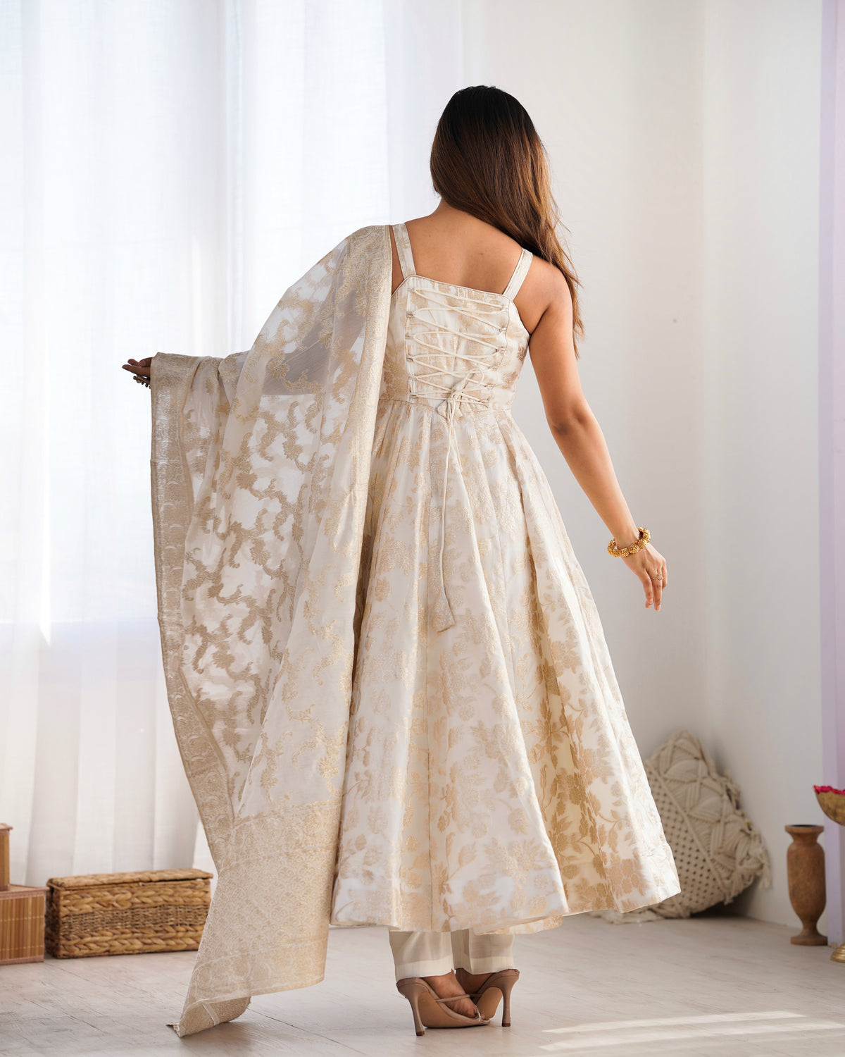 Banarasi Jacquard Dola Silk Flared Anarkali Gown with Dupatta & Pant Set