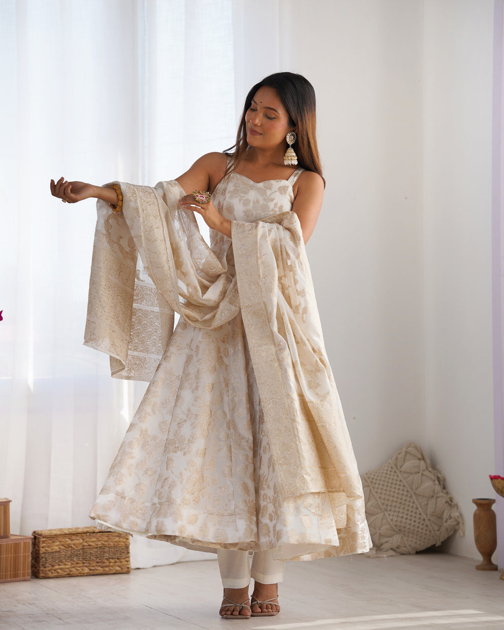 Banarasi Jacquard Dola Silk Flared Anarkali Gown with Dupatta & Pant Set