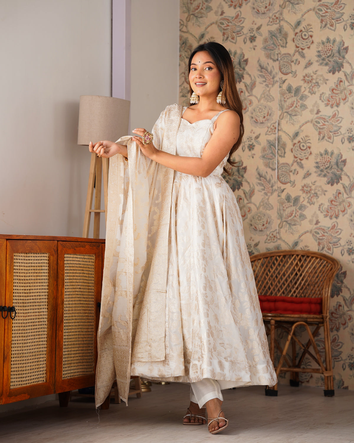 Banarasi Jacquard Dola Silk Flared Anarkali Gown with Dupatta & Pant Set
