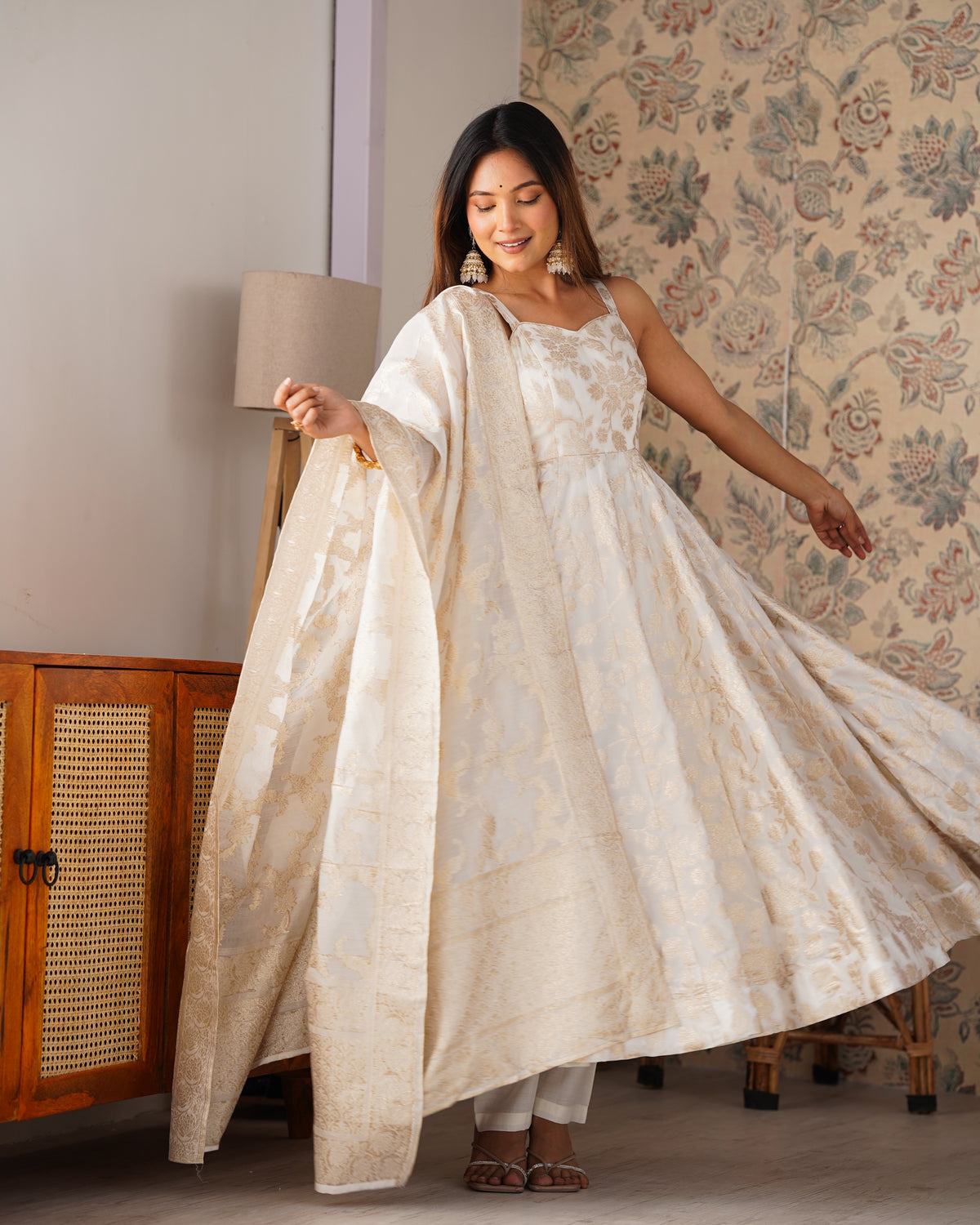 Banarasi Jacquard Dola Silk Flared Anarkali Gown with Dupatta & Pant Set