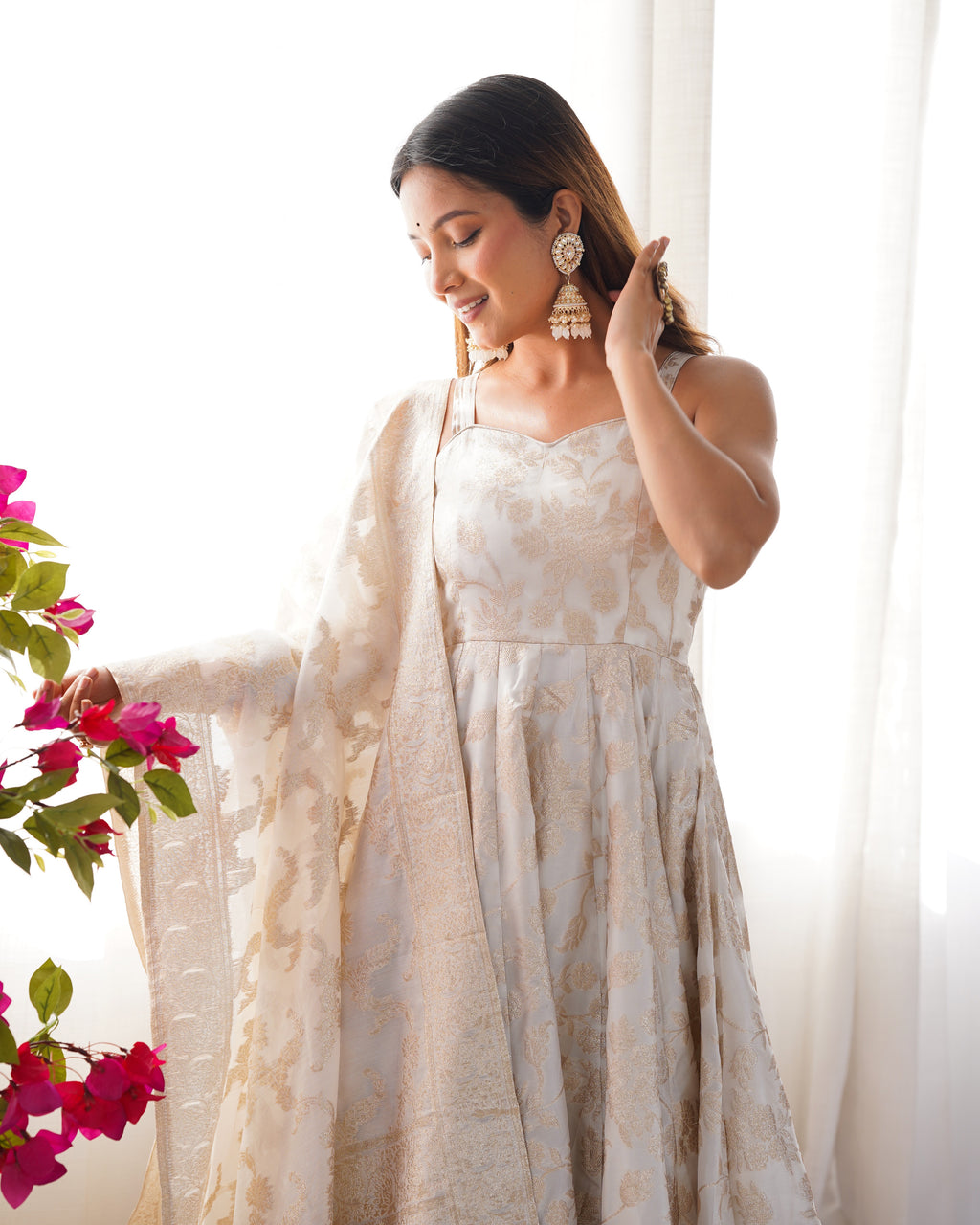 Banarasi Jacquard Dola Silk Flared Anarkali Gown with Dupatta & Pant Set