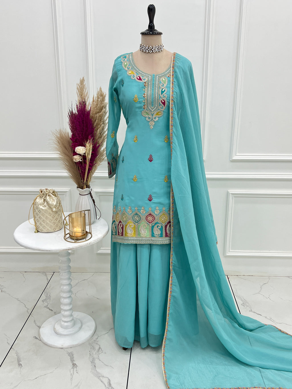 Sky Blue Crunchy Silk Sharara Set with Embroidery, Jari Work & Multicolor Lace Dupatta