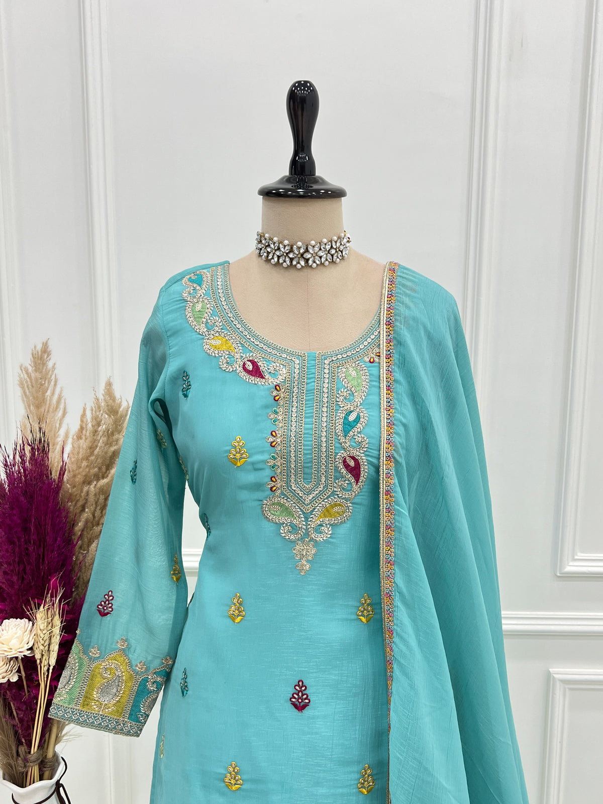 Sky Blue Crunchy Silk Sharara Set with Embroidery, Jari Work & Multicolor Lace Dupatta
