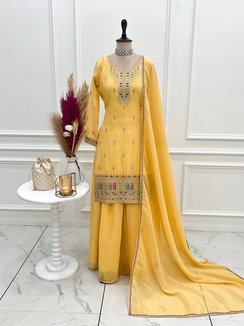 Premium Crunchy Silk Embroidered Sharara Set with Multicolor Lace Dupatta
