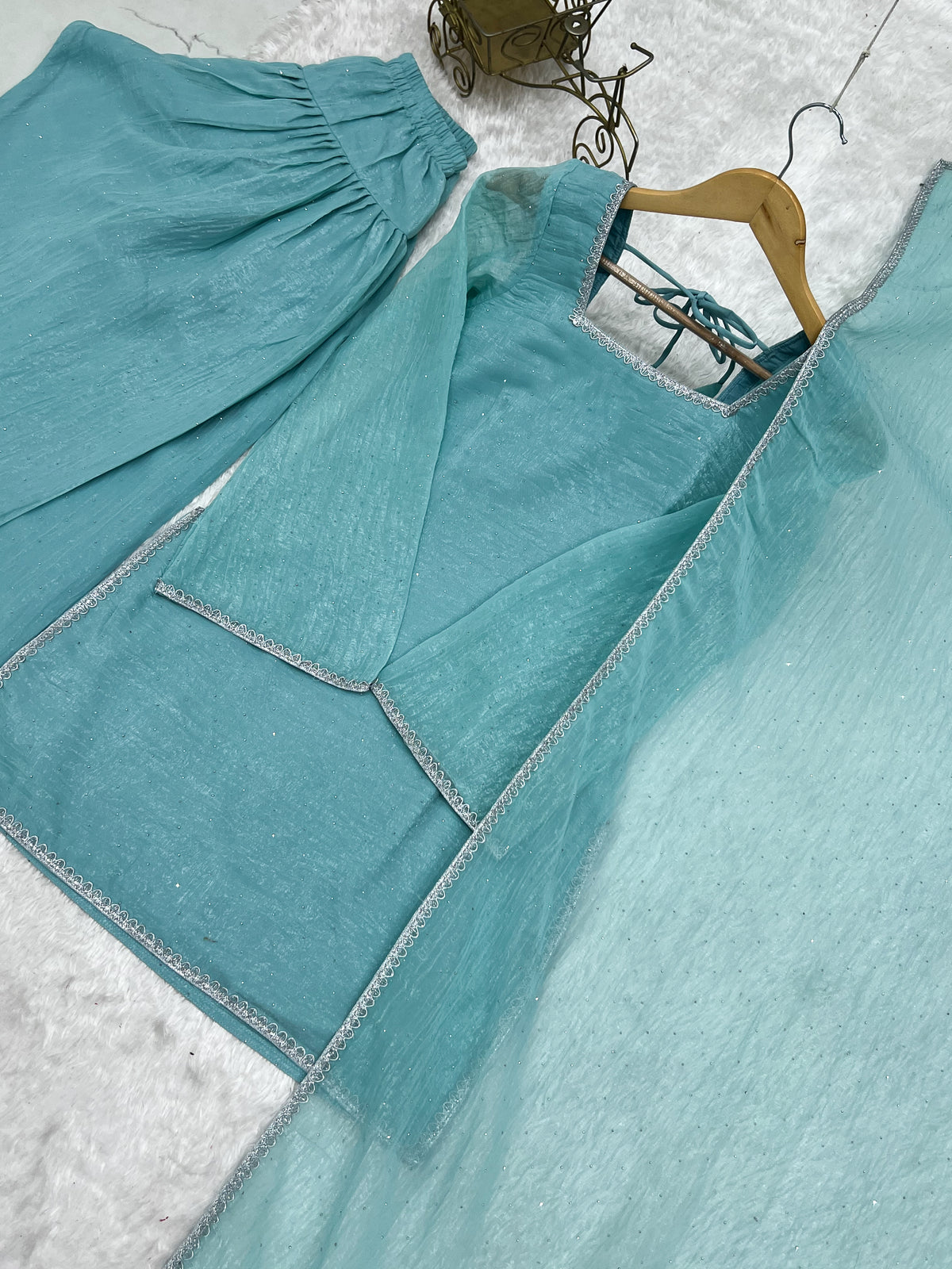 Crunchy Silk Siroki Diamond Work Farshi Salwar Suit with Lace Dupatta
