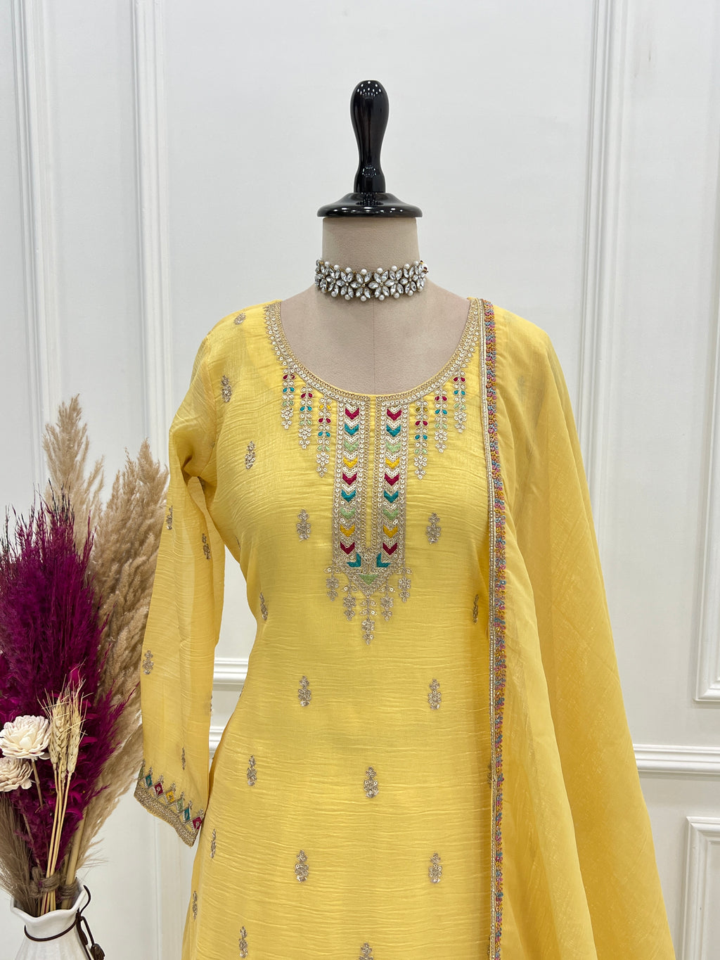 Premium Crunchy Silk Embroidered Sharara Set with Multicolor Lace Dupatta