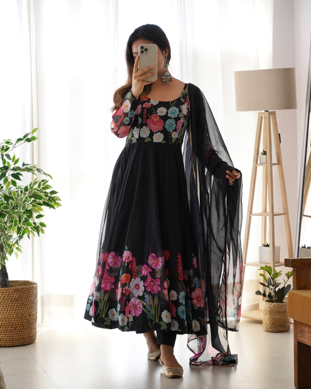 Floral Organza Silk Printed Anarkali with Badla Jari Handwork & Gota Patti Dupatta