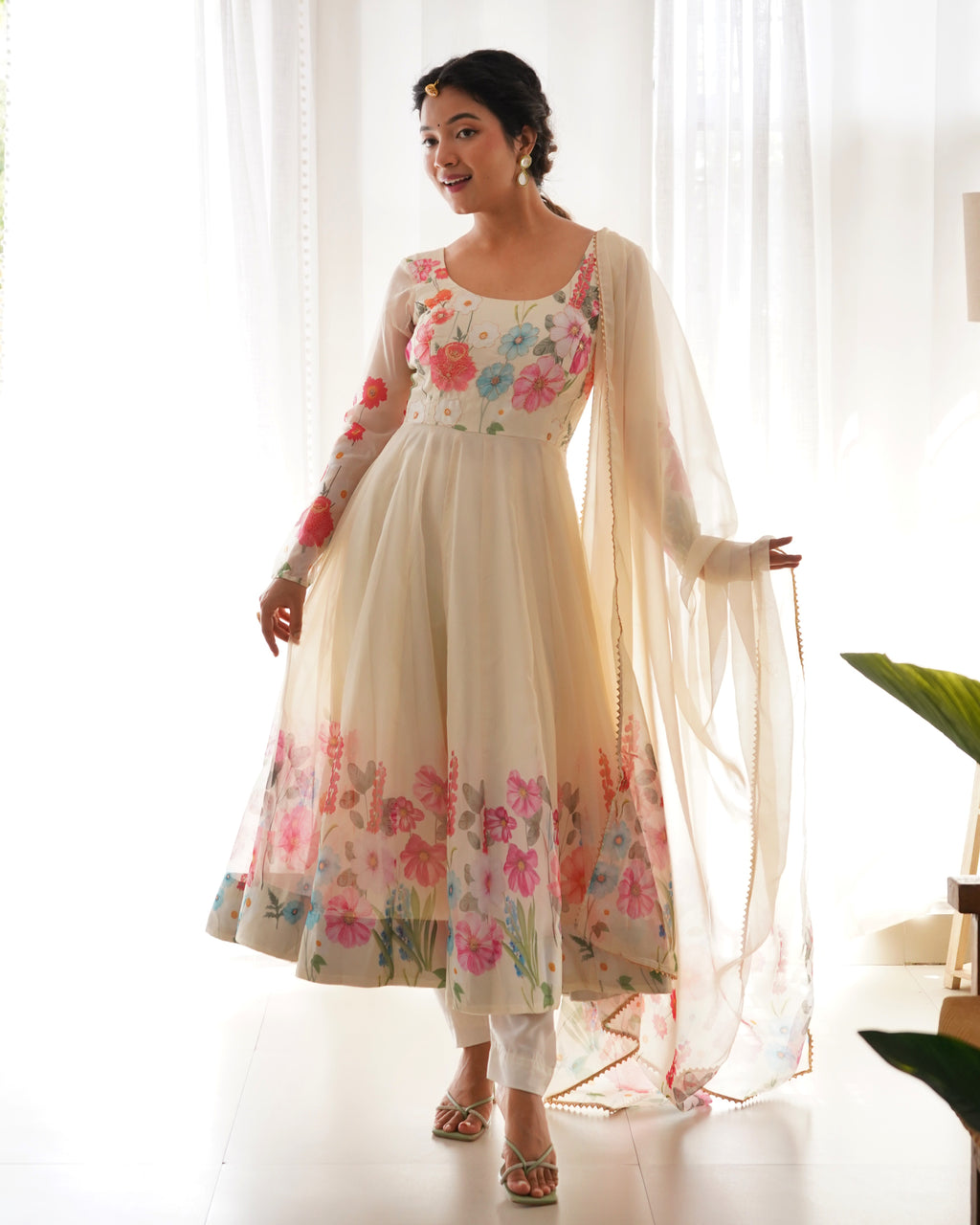 Floral Organza Silk Printed Anarkali with Badla Jari Handwork & Gota Patti Dupatta