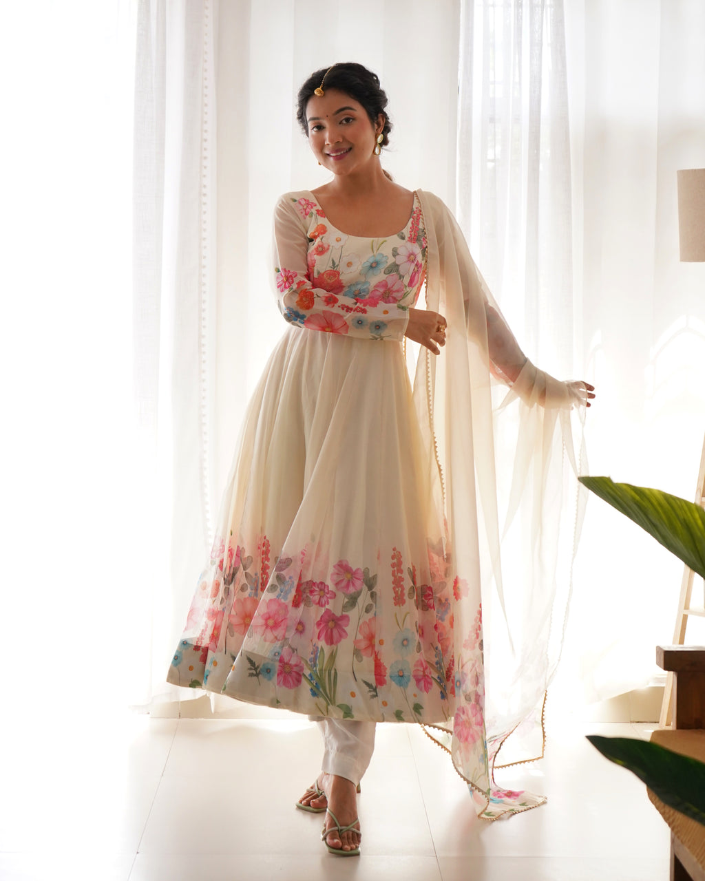 Floral Organza Silk Printed Anarkali with Badla Jari Handwork & Gota Patti Dupatta